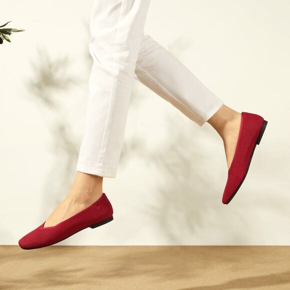 Vivaia Margot 2.0 Ruby Red Ribbed Knit Square-Toe V-Cut Ballet Flats 10W - Picture 1 of 9
